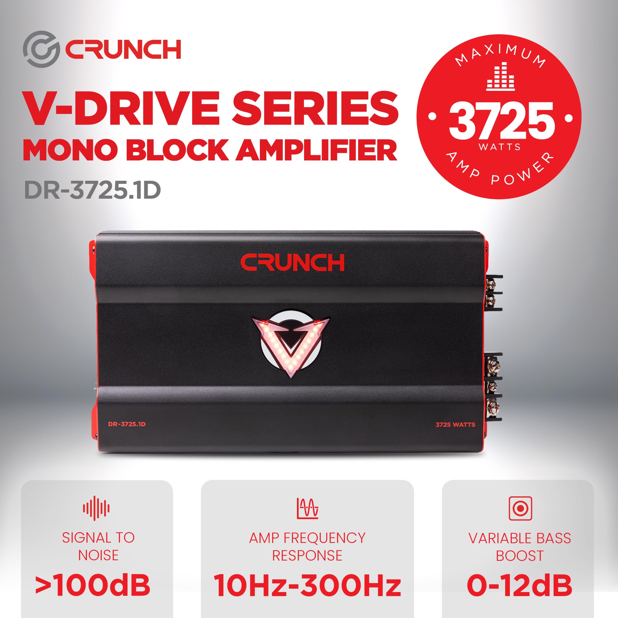 Crunch 3725W Monoblock Subwoofer Car Audio Amplifier with Adjustable Crossovers, Bass Knob & Remote, LED VU-Meter, QTD Cooling and PWM Power Supply Crunch 3725W Monoblock Subwoofer Car Audio Amplifier with Adjustable Crossovers, Bass Knob & Remote, LED VU-Meter, QTD Cooling and PWM Power Supply